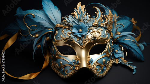 Blue and gold Venetian carnival mask with feathers, copy space. © Ruslan Gilmanshin
