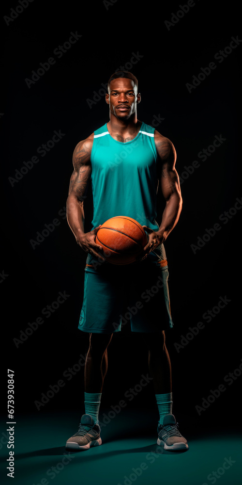 Banner Portrait basketball player sportsman on black background with fog. In a green football uniform