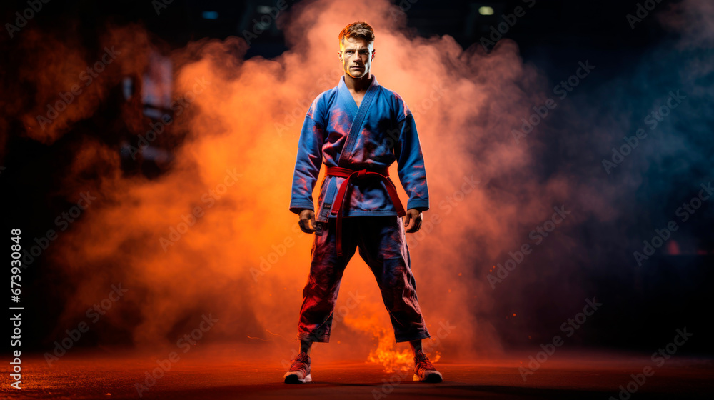a Karate banner on a dynamic background with smoke and fire. Active sports. a Karate banner on a dynamic background with smoke and fire. Active sports.