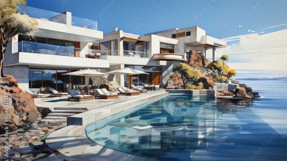 the painting of a luxury villa on a cliff near the sea, in the style of rendered