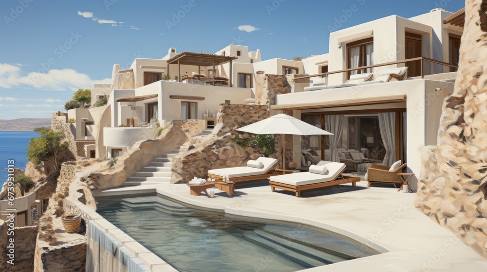 Lovely woman on a large modern villa on a cliff with a swimming pool surrounded by the ocean. Luxury vacation