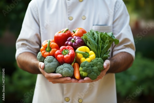 Chefs hand displaying seasonal organic produce isolated on a white background  photo