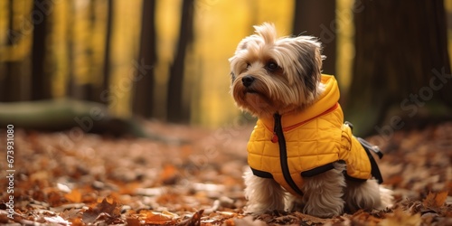 Dog in yellow down vest jacket in forest autumn nature, generative ai © OP38Studio