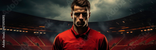 dynamic banner portrait of football sportsman player in red uniform on the background of the stands