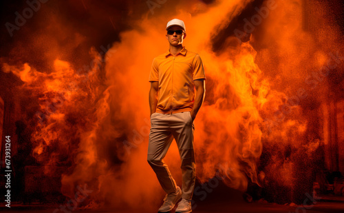 dynamic banner portrait of tennis sportsman player in orange uniform on black background with pink smoke