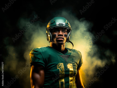 dynamic banner portrait of American football sportsman player in green uniform on black background with smoke