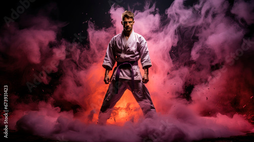 a Karate banner on a dynamic background with smoke and fire. Active sports.
