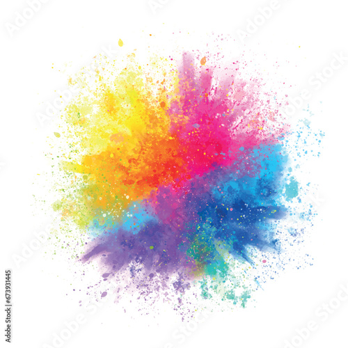 Splash of colorful powder over white background. Vibrant color dust particles textured background. 