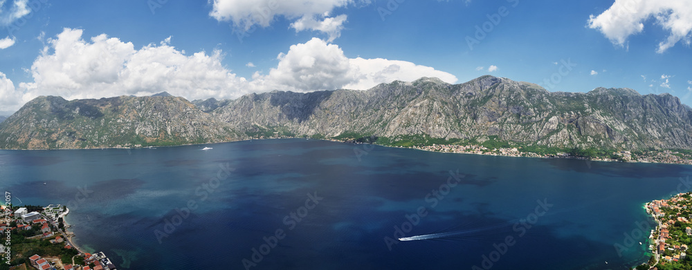 Bay of Kotor is surrounded by a mountain range. Montenegro. Drone. Panorama