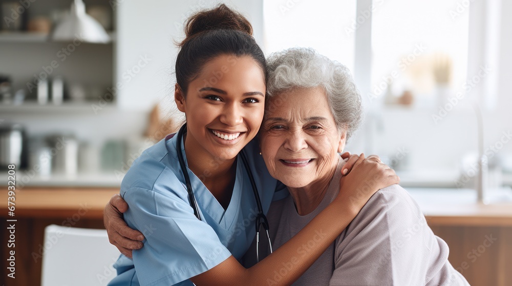 Obraz premium Nurse hugging elderly patients during visit at home