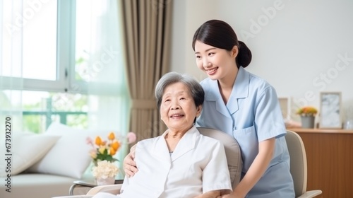 Asian Nurse or Physical therapist person visit Elderly patients at home