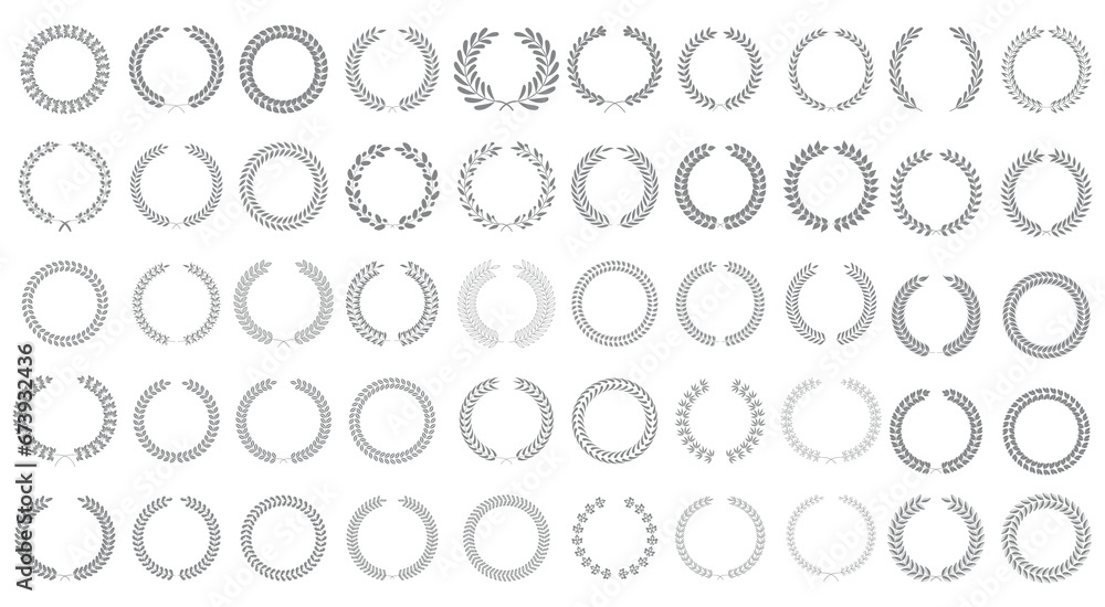 Set of one 50 and one silhouettes of laurel wreaths. Laurels wreaths frames branches decorative elements. Set of one 50 and one silhouettes of laurel wreaths. Laurels wreaths frames branches decorative elements.