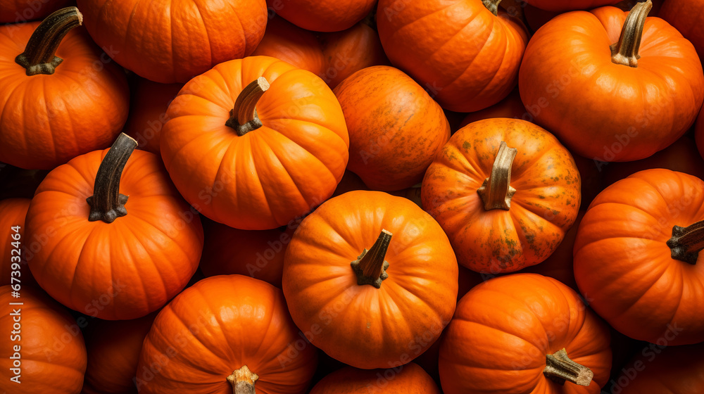 Pumpkins closeup. Pumpkin day, Thanksgiving and Halloween. Natural fresh organic vegetable. Healthy eating, raw food diet. Autumn colors, fall season agriculture. Top view. Background. Generated AI Pumpkins closeup. Pumpkin day, Thanksgiving and Halloween. Natural fresh organic vegetable. Healthy eating, raw food diet. Autumn colors, fall season agriculture. Top view. Background. Generated AI