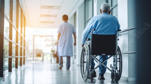 Nurse or medical person take care patients on Wheelchair at hospital corridor
