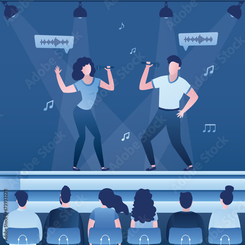 Duet of singers on stage performing music concert. Two vocalists singing song on scene with microphones, people fans watching show with live equipment and illumination.