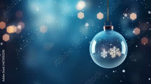 Christmas blue background with hanging glass ball.