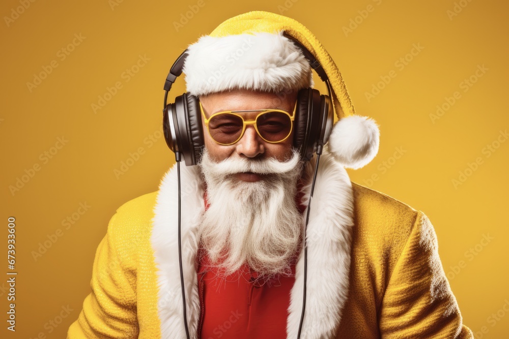 Christmas DJ: Funky Santa Claus in White Headset Celebrating the Crazy Nightclub Party with Dance and Music