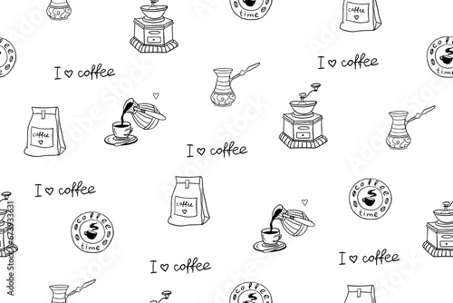 Seamless pattern of hand drawn coffee theme elements and lettering. Coffee time. I love coffee. Vector illustration EPS10. Isolated on white background. Doodle style. 