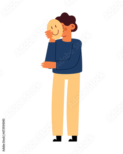 boy with depression and happy mask