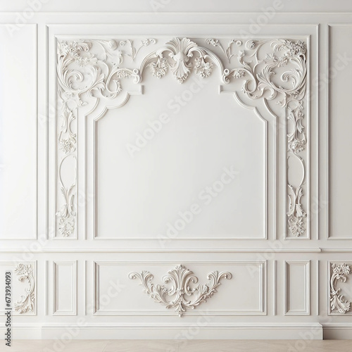 Beautiful luxurious molding on the wall. White wall, pattern, soft shadows