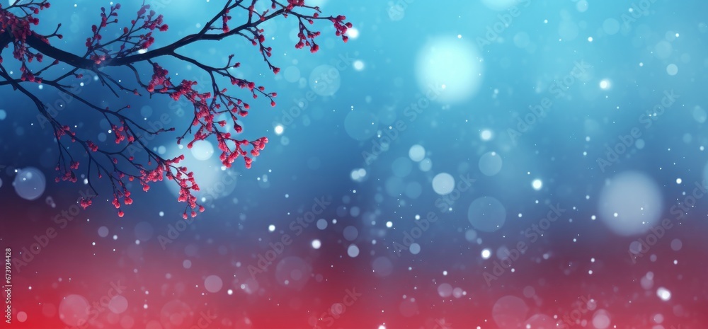 abstract Blue christmas background with a tree with red flowers lights and snowflakes,  Bokeh background with copy space, Christmas holidays wallpaper banner card