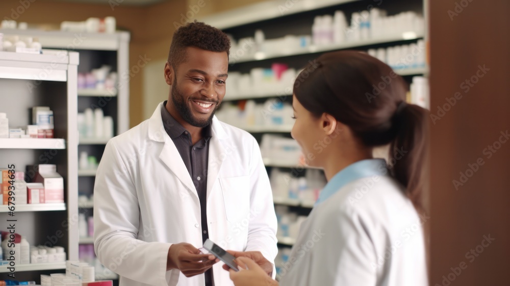 Fototapeta premium Pharmacist suggestion to customer about drugs at pharmacy store
