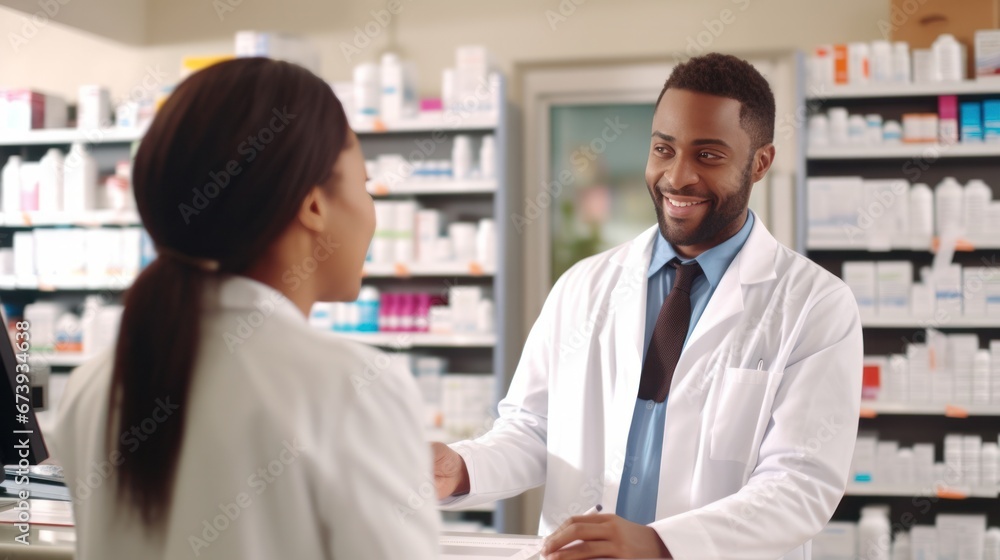 Pharmacist suggestion to customer about drugs at pharmacy store