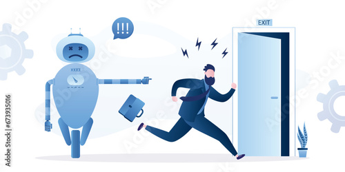 robot points worker to door. businessman runs away from office. Dismissal, replacement of people by machines. Computer technology and artificial intelligence taking jobs