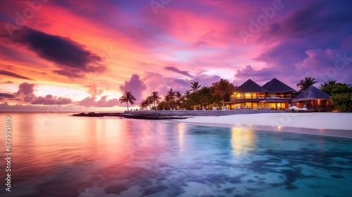 Magnificent sunset panorama in Maldives. Beautiful twilight sky and colorful clouds. Beautiful beach background for vacation. © Zahid
