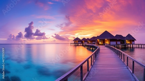 Magnificent sunset panorama in Maldives. Beautiful twilight sky and colorful clouds. Beautiful beach background for vacation.