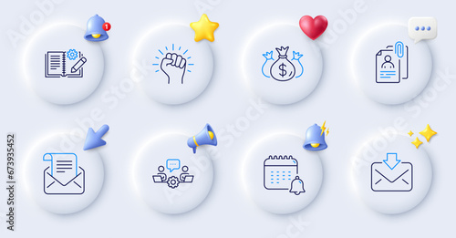 Empower, Calendar and Incoming mail line icons. Buttons with 3d bell, chat speech, cursor. Pack of Interview documents, Teamwork, Check investment icon. Vector