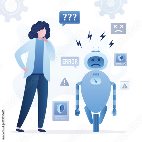 Broken android, AI with virus or code mistakes. Unhappy female user or businesswoman. Chatbot error. Assistant, chat bot, artificial intelligence doing mistakes, error in bot answers