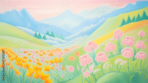 Pastel Paradise  Blossoms Amidst Misty Mountain Scenery