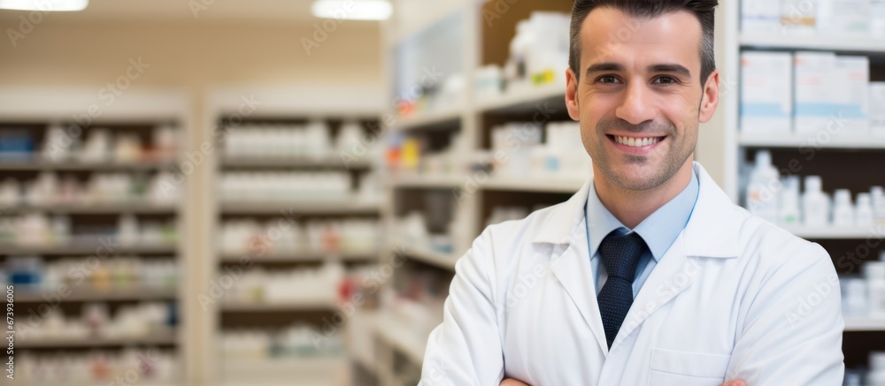 Smiling of pharmacist and drugs working at pharmacy store