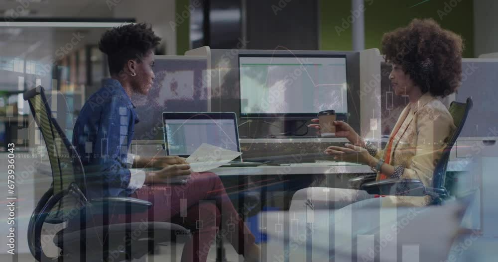 Animation of multiple graphs over diverse female coworkers discussing reports on computer Animation of multiple graphs over diverse female coworkers discussing reports on computer