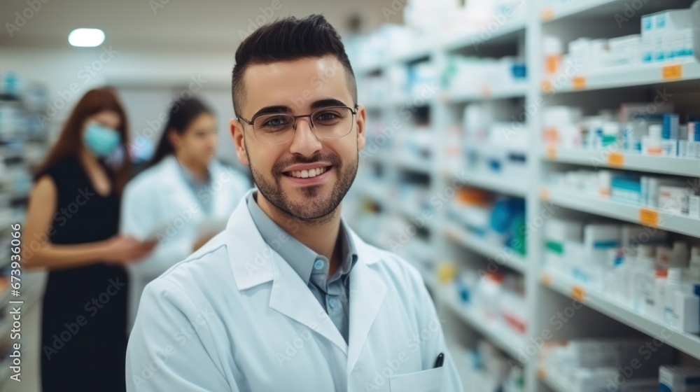 Smiling of pharmacist and drugs working at pharmacy store