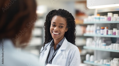 Smiling of pharmacist and drugs working at pharmacy store