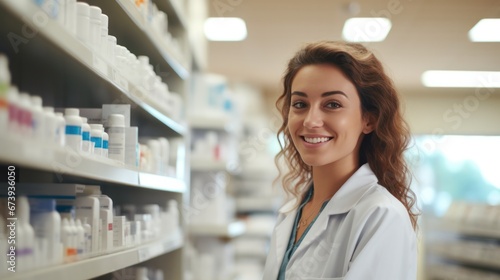 Smiling of pharmacist and drugs working at pharmacy store photo