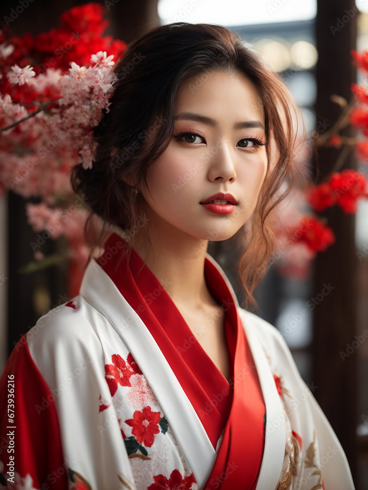 Exquisite Portrait of a Graceful Japanese Woman Elegantly Adorned in a Stunning Dress