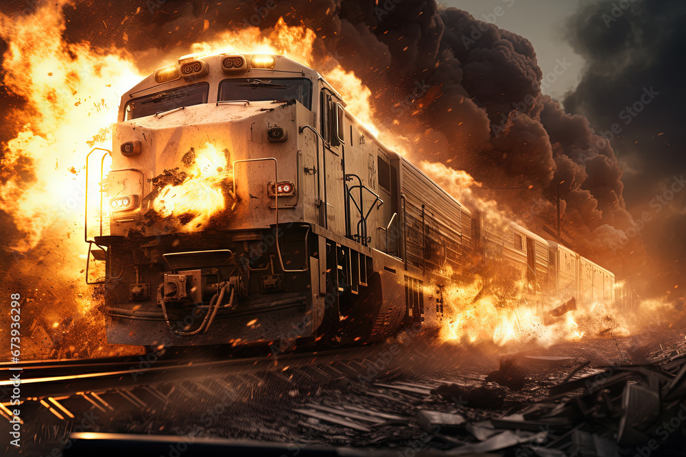 Action shot with man jumping off the train. Dynamic scene with railway carriage explosion in action movie blockbuster style. Action shot with man jumping off the train. Dynamic scene with railway carriage explosion in action movie blockbuster style.