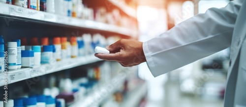 Females pharmacist checking stock drugs at pharmacy store