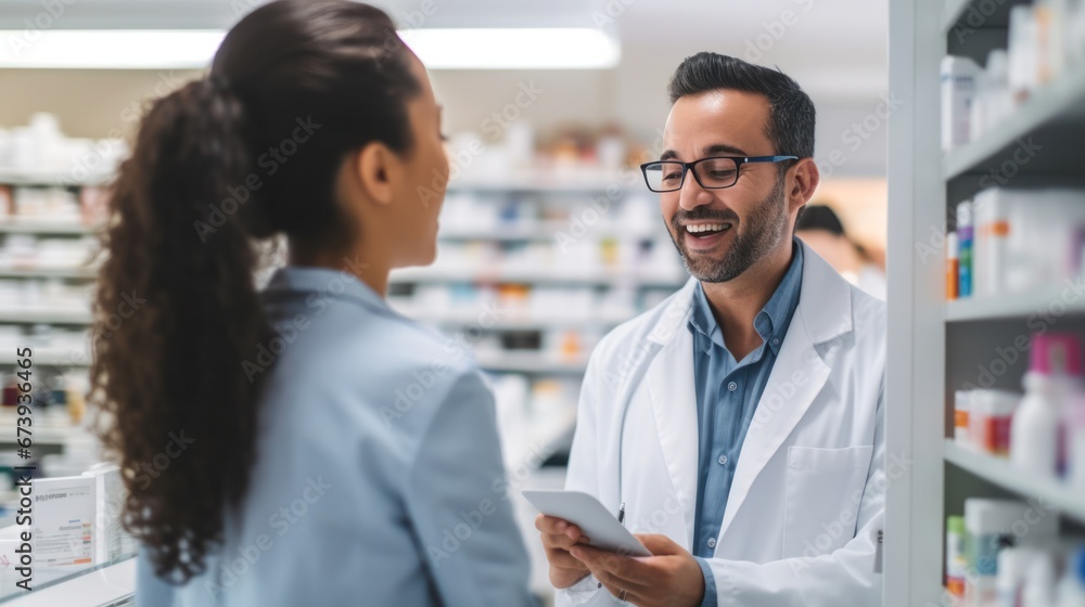Obraz premium Pharmacist checking out and giving medicine to customer at drug store.