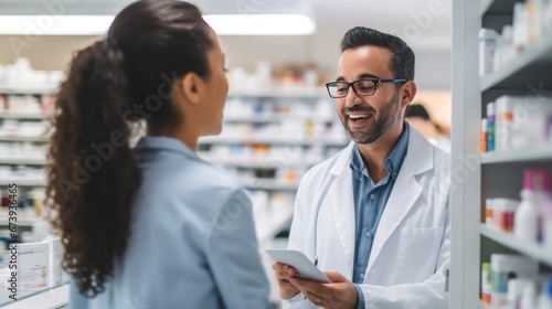 Pharmacist checking out and giving medicine to customer at drug store.