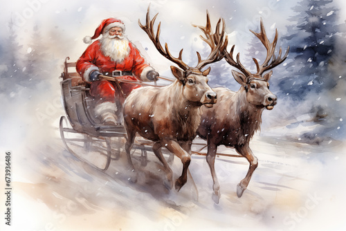 A watercolor drawing illustration of Santa Claus sleigh ride with reindeer, in the style of children s book illustration. The image captures the magic and whimsy of Christmas