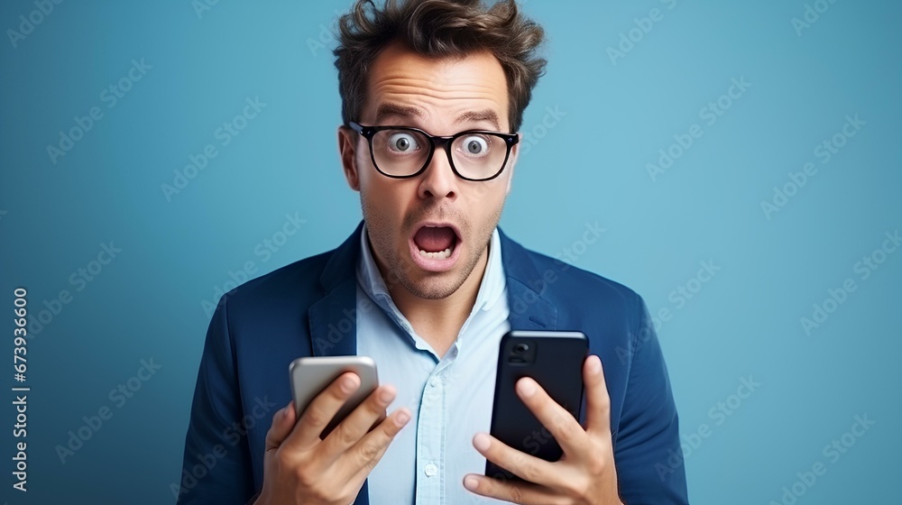 Shocked young businessman in eyeglasses reading bad news over mobile phone against blue background. generative AI Shocked young businessman in eyeglasses reading bad news over mobile phone against blue background. generative AI