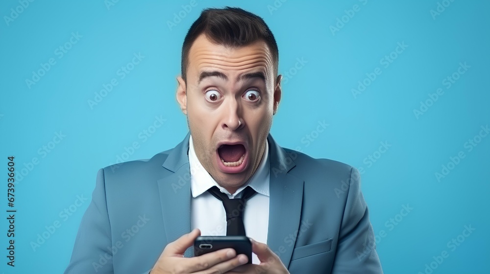 Shocked young businessman reading bad news over mobile phone against blue background. generative AI Shocked young businessman reading bad news over mobile phone against blue background. generative AI