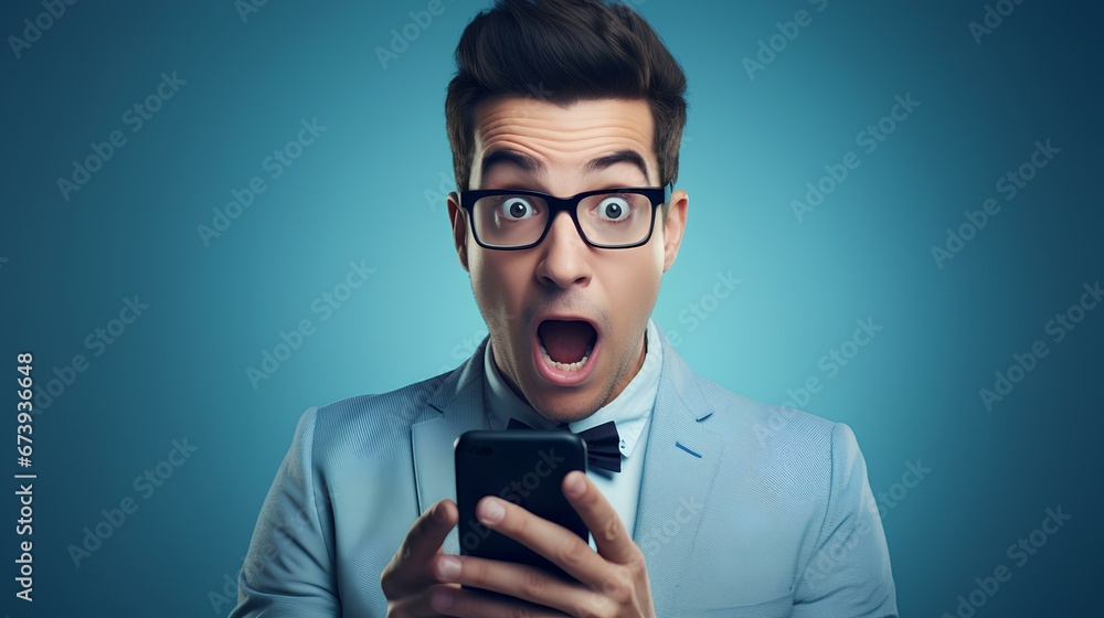 Shocked young businessman in eyeglasses reading bad news over mobile phone against blue background. generative AI Shocked young businessman in eyeglasses reading bad news over mobile phone against blue background. generative AI