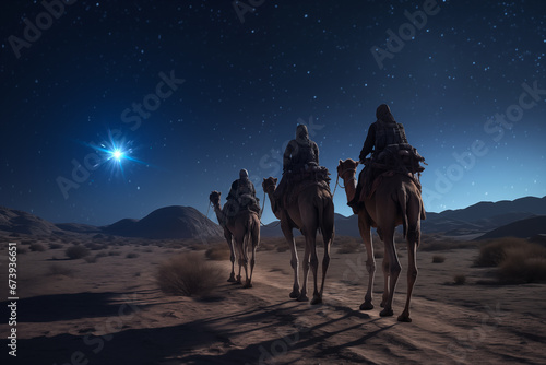 Christmas Jesus birth concept - Adoration of the Magi, Three Wise Men, Three Kings, and the Three biblical Magi with camel silhouettes journeying in sand dunes of desert follow Bethlehem star at night