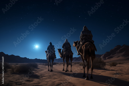 Christmas Jesus birth concept - Adoration of the Magi  Three Wise Men  Three Kings  and the Three biblical Magi with camel silhouettes journeying in sand dunes of desert follow Bethlehem star at night