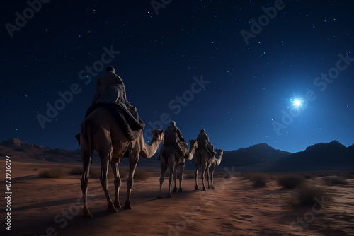 Three Wise Men  Three Kings follow Bethlehem star in the night